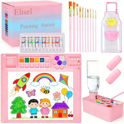 Elisel Painting Station,5 IN 1 Art Paint Supplies Kits,Paint Brush Cleaner (Upgraded),Silicone Painting Mat 12 Colors Paint Set,10 Paint Brushes,Painting Apron for Kids Artist Beginners (Pink, 5) - color: Pink