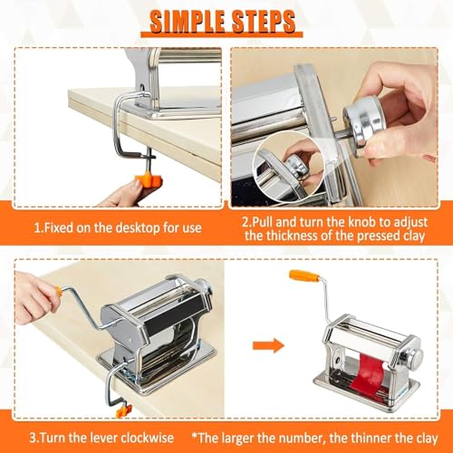 Stainless Steel Polymer Clay Roller Machine Set Includes Clay Presser Machine with 7 Adjustable Thickness Settings,8 Round Clay Cutter,9 Clay Shaping Tool and 7.87" Clay Cutter for DIY Craft Projects