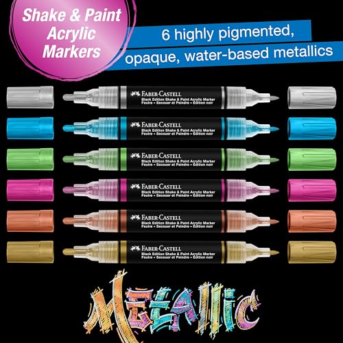 Faber-Castell Shake & Paint Markers: Metallic - 6 Count Dual Tip Acrylic Paint Pens, Markers Permanent for Clothes, Paint Markers for Wood, and Art Supplies - style: Metallic