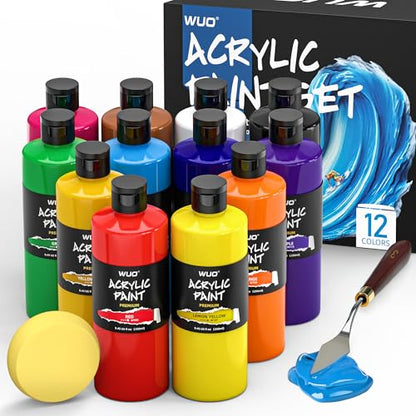 WUO 12 Colors Acrylic Paint Set, 250ml/8.45oz Bottles Acrylic Paint, Large Bulk Rich Pigment, Non-Toxic Waterproof Multi-Surface Painting Supplies for Artists Beginners on Canvas Wood Rock Crafts - color: 12 Colors