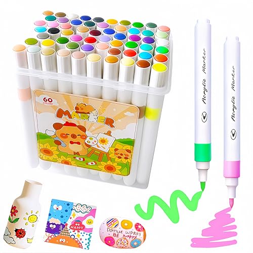 Acrylic Paint Markers Set with Portable Bucket, Premium Acrylic Paint Pens for Rock, Wood, Glass, Ceramic, Canvas, DIY Crafts with Soft Tip (60 PACK)