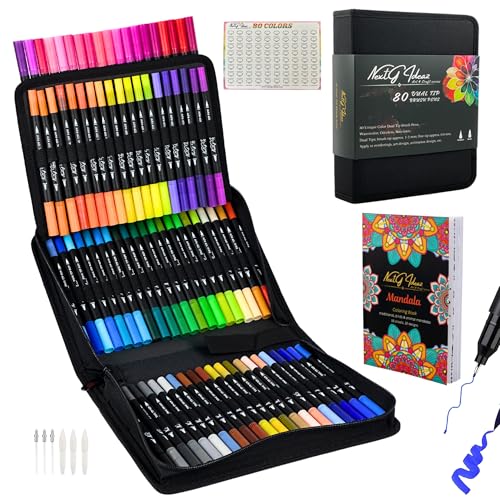 Dual Tip Brush Art Marker Pens, 80 Unique Color, Water-Based Ink, Fineliner & Brush Tip Pens for Arts Lover Adults, Coloring Drawing Book, Calligraphy Writing, Sketching and Doodling