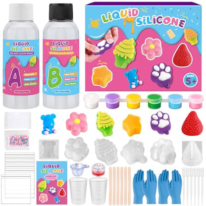 Mikiwon Taba Squishy Kit, 7OZ 1:1AB Liquid Silicone Set with 6 Molds, Decompression Squishies Gift with Guide & Flocking Powder DIY Squishies Maker Holiday Gift