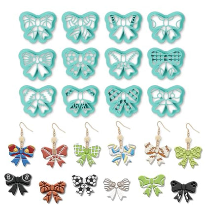 ORIGACH 12 Pcs Bow Shape Polymer Clay Cutters, Bow with Sports Ball Pattern Design Clay Cutters for Polymer Clay Jewelry Earrings with a Clear Storage Box - style: Bow with Sports Ball