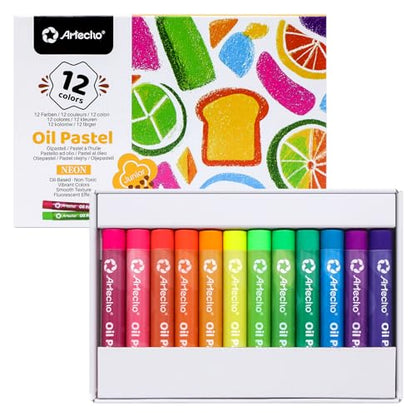 Artecho Neon Oil Pastels Set of 12 Colors (8 x 60 mm) | Soft Oil Pastels, For Art Painting, Drawing, Blending, For Artists, Beginners, Students, Teachers - style: 12 Neon Colors