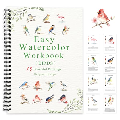 SLWBZ Watercolor Workbook Birds, 15 Different Patterns of Original DIY Designs, Beginner-Friendly Watercolor Workbooks, (Birds, Without Palette) - color: Birds, size: without palette