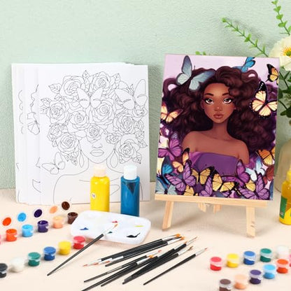 Dinifee 6 Pack Pre Drawn Canvas for Painting Pre Printed Canvas Kit 8 x 10 Inch Stretched Cotton Paint and Sip Set for Adults Couple Party Graduation Summer Date Night(Flower Lady) - style: Flower Lady