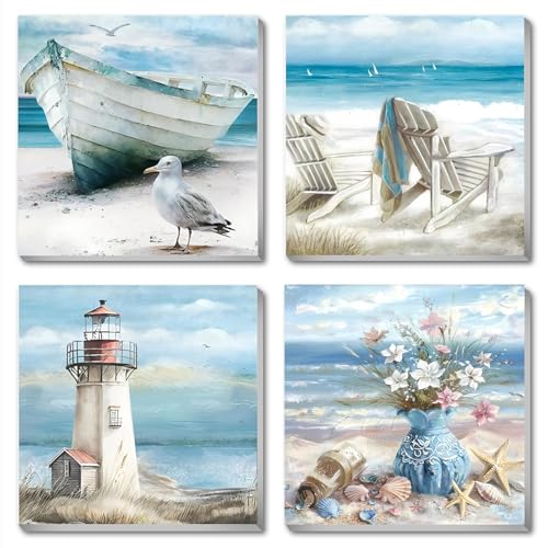 4 Packs Beach Paint by Numbers Kit for Adults Beginners with Frame, DIY Sea Side Adult's Paint by Number on Canvas, Watercolor Oil Painting Numbers Arts and Crafts Kits for Home Wall Decor 8 x 8 Inch - color: BKH2213+BKH2214+BKH2215+BKH2216-US