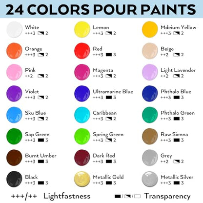 Nicpro 24 Colors 8.45oz Acrylic Pour Paint Supplies Kit, Large Volume Premixed High Flow Painting Bulk Set with Canvas, Wood Natural Slices, Pouring Oil, Tools Gloves, Strainer, Cups for Beginner DIY - color: 24 Colors