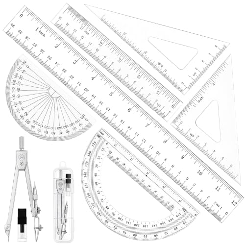 Coopay 7 Pcs Geometry Kit with Ruler, Triangle Ruler, Protractor and Compass Set | 12'' & 6'' Straight Rulers, 45°/60°Triangle Ruler, 6" & 4" Protractors, Compass, Geometry, Drafting, Math, School, Office - size: 7 Pcs Geometry Math Tool