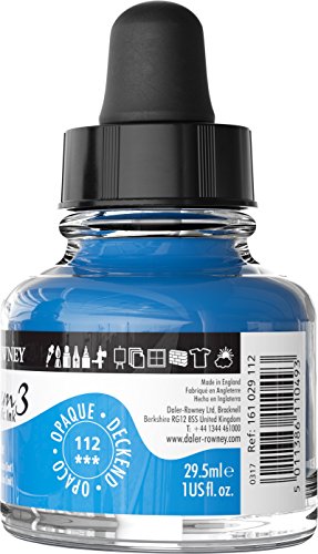 Daler-Rowney System3 Acrylic Ink Bottle Coeruleum Blue Hue 29.5ml - Versatile Acrylic Ink for Artists and Students - Opaque Calligraphy Ink for Drawing Illustrating Airbrushing Dip Pen Ink and More