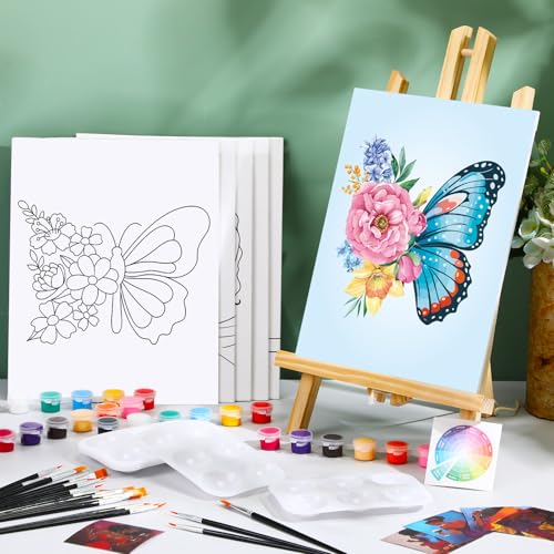 Dinifee 6 Pack Pre Drawn Canvas for Painting Pre Printed Canvas Kit 8 x 10 Inch Stretched Cotton Paint and Sip Set for Adults Couple Party Graduation Summer Date Night(Butterfly) - style: Butterfly