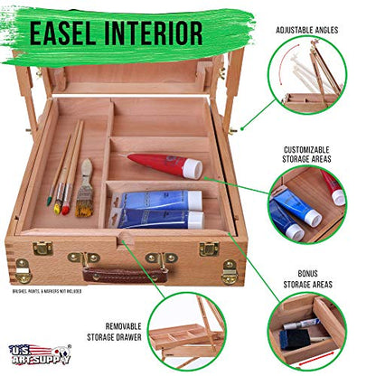 U.S. Art Supply Large Beechwood French Easel, Adjustable Plein Air Easels Sketchbox Tripod for Field & Studio Painting Easel for Adults, Drawing, Display - Portable with Artist Drawer & Palette - style: Easel