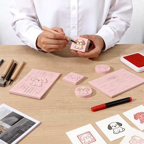 18 Pcs Rubber Stamp Carving Blocks Linoleum Blocks 4"x6" and 2"x2" Round Square Rectangle Block Carving Kit for Stamp Crafts DIY Project(Pink)