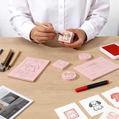 18 Pcs Rubber Stamp Carving Blocks Linoleum Blocks 4"x6" and 2"x2" Round Square Rectangle Block Carving Kit for Stamp Crafts DIY Project(Pink)