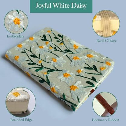 Pocket Journal, Small Notebook, A6 Sketchbook, 4x6, Unlined, Flower Embroidered Notebook, Blank, Hardcover, Lay Flat, Elastic Band, Beautiful Journal, Daisy Gifts for Women, White Daisy - color: A6-Band-White, style: Minimalist