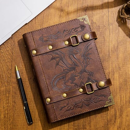 DND Notebook Dragon Journal for Dungeons And Dragons/D&D Accessory Gifts | refillable Leather 400 Pages A5 personalized Notepad for Men and Women(1-Khaki-Dragon) - color: 1-Khaki-Dragon
