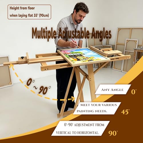 H-Frame Easel for Painting, Adjustable Beech Wood Studio Floor Easel, Holds 2 Canvases up to 77" with Tilting Flat, Heavy Duty Artist Easel Stand for Adults, All Media Versatile