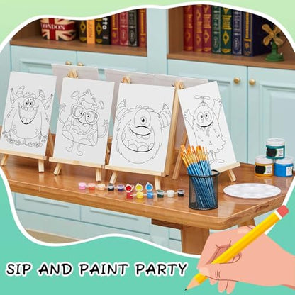 Ireer 12 Set Paint Party Set 8 x 10 Sip and Paint Kit Include 12 Printed Pre Drawn Canvas Panel, Wooden Easels, Palettes, Pots, Apron 36 Brushes for Adult Art DIY Party(Monsters) - style: Monsters