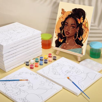 Zhanmai 72 Pcs 12 Sets Sip and Paint Kit Pre Drawn Canvas for Painting 8" x 10" Paint Party Canvas Painting Pre Printed Canvases for Party DIY Virtual Adult's Date Night(Charming Women) - style: :Charming Lady