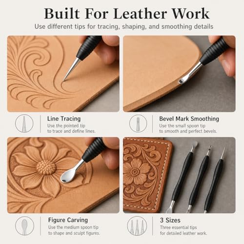 QWORK Leathercraft Modeling Tools Set, 3Pcs Leather Carving Modeling Tools (S/M/L) with Red PVC Pouch, Leather Stamping and Figure Carving Kit