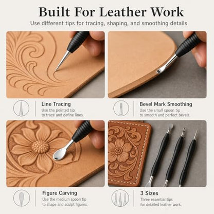 QWORK Leathercraft Modeling Tools Set, 3Pcs Leather Carving Modeling Tools (S/M/L) with Red PVC Pouch, Leather Stamping and Figure Carving Kit