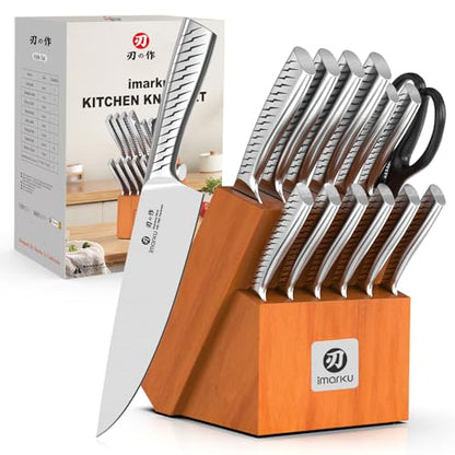 imarku 14-Piece Knife Set with Block, One Set for Meat, Fish, Veggies & Bread, Glides Through Every Cut, High Carbon Stainless Steel with Built-in Sharpener, Dishwasher Safe,Utility Knives - color: Light Brown, size: 14 Pcs