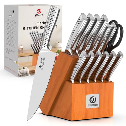 imarku 14-Piece Knife Set with Block, One Set for Meat, Fish, Veggies & Bread, Glides Through Every Cut, High Carbon Stainless Steel with Built-in Sharpener, Dishwasher Safe,Utility Knives - color: Light Brown, size: 14 Pcs