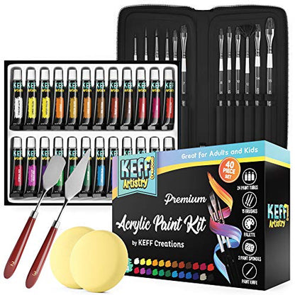 KEFF Creations Acrylic Paint Brush Set, 15 Premium Artist Brushes Kit, 24 Acrylic Paint Set, Paintbrush kit for Canvas, Wood, Fabric, Great Paint Supplies Set for Adults and Kids