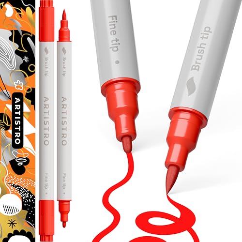 ARTISTRO 2 Red Dual-Tip Acrylic Paint Pens - Multisurface Markers for Glass, Rock, Fabric, Wood, Plastic & More - 1 mm Fine & Brush Tips - color: Red, style: Dual Tip Brush + Fine