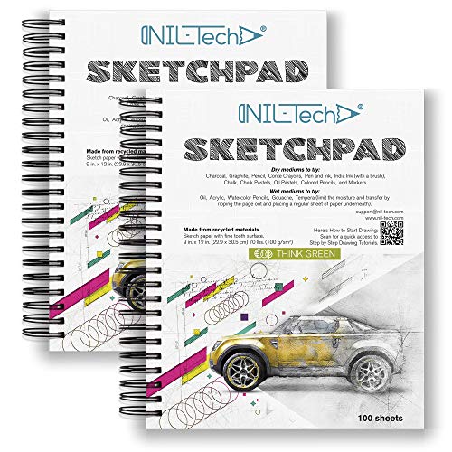 Premium White Paper Sketch Pad - 9x12 Inches 100 Sheets (68 lb/100gsm) Sketchbook Pad with Spiral Bound for Markers, Gel Pens, Colored Pencils, Chalk, Crayons, Acrylic Paint, Charcoal and Oil Pastels - color: Pack of 2, White Paper