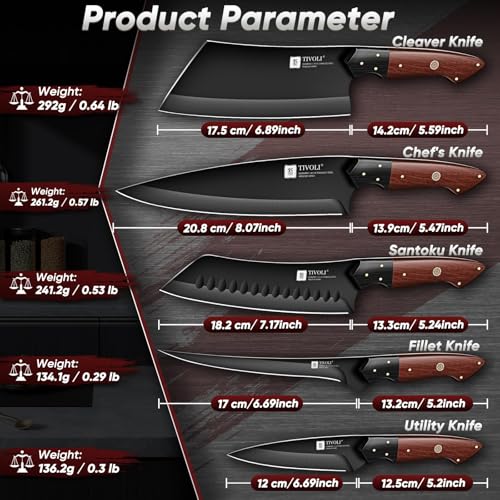 TIVOLI Kitchen Knife Set 5pcs - Chef Knife Set with Full Tang Wooden Handle - Cleaver, Boning, Fillet, Santoku, Kitchen Utility Knives - Cooking Gifts for Men and Women - size: 8.1
