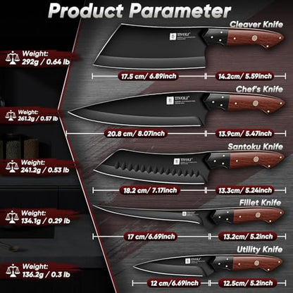 TIVOLI Kitchen Knife Set 5pcs - Chef Knife Set with Full Tang Wooden Handle - Cleaver, Boning, Fillet, Santoku, Kitchen Utility Knives - Cooking Gifts for Men and Women - size: 8.1