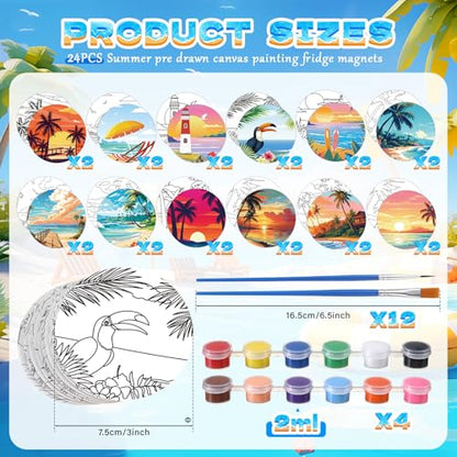24 Pcs Magnetic Canvas Mini Round Canvas Boards Pre Drawn Canvases with Brushes Acrylic Paints Pre Printed Painting Boards for Students DIY Fridge Locker Art Craft(Hawaii)