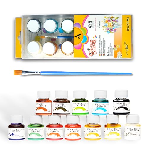 12 x 25ml Gouache Paint Set with Free Paintbrush - Acid-Free, Non-Toxic Multicolored Artists' Gouache Colors for Painting and Mixed Media - color: Gouache 25ml x 12