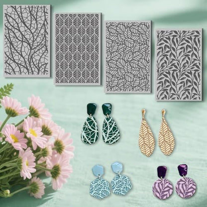 4 Pcs Leaf Texture Pattern Polymer Clay Texture Sheet Rubber Clay Texture Mat for Polymer Clays Making Earrings Jewelry DIY Crafts, 4 × 2.5 Inch - style: Leaf Pattern