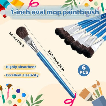 6 PCS Mop Brush for Acrylic Painting, 1 Inch Oval Watercolor Mop Brush | Mop Paint Brush, Blending Paint Brush with Wooden Handle for Acrylic Painting, Watercolor, Gouache, Face Body(Blue)