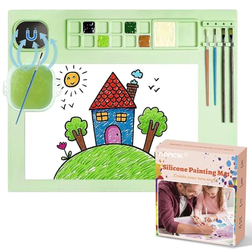 Silicone Painting Mat, Silicone Art Mat with Cup, Silicone Craft Mat with Paint Brush Cleaner Tool, Silicone Artist Mat for Kids Gift Painting Clay DIY Creations, Christmas Gift (Green) - color: Green