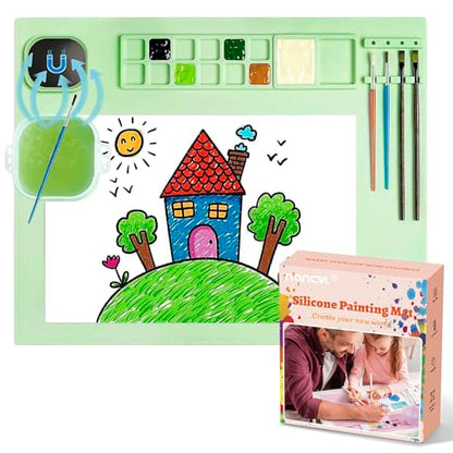 Silicone Painting Mat, Silicone Art Mat with Cup, Silicone Craft Mat with Paint Brush Cleaner Tool, Silicone Artist Mat for Kids Gift Painting Clay DIY Creations, Christmas Gift (Green) - color: Green