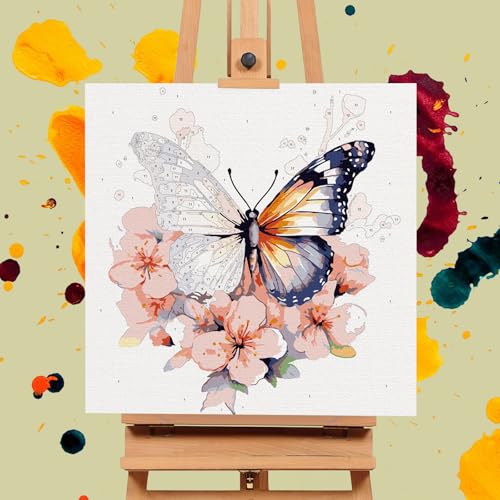 Framed Paint by Numbers Kit for Adults Beginners & Kids Ages 8-12, Butterfly Flowers Acrylic Easy Paint by Number with Frame, Number Painting Kits on Canvas Framed (12 * 12 Inch, without Easel) - color: BOP1PF05, size: 12 x 12 Inch