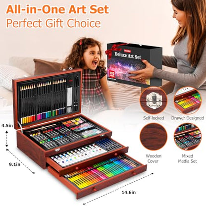 Soucolor Art Supplies, 192-Pack Deluxe Art Set Drawing Painting Supplies Kit with Acrylic Pad, Watercolor Pad, Sketch Book, Canvases, Acrylic Paint, Crayons, Pencils, Gifts for Artist Adults Teen Kids - color: Brown