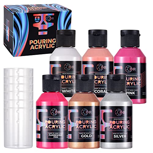 OPHIR Premixed Acrylic Pouring Paint Kit, 3.8OZ/Bottles, White, Coral, Pink,Fluorescent Pink, Gold,Silver, High Flow Water-Based Pour Paint Art Supplies for Pouring on Canvas, Wood, Rocks, 6 Colors - color: Pink Crystal Colors Set (6 Bottles)