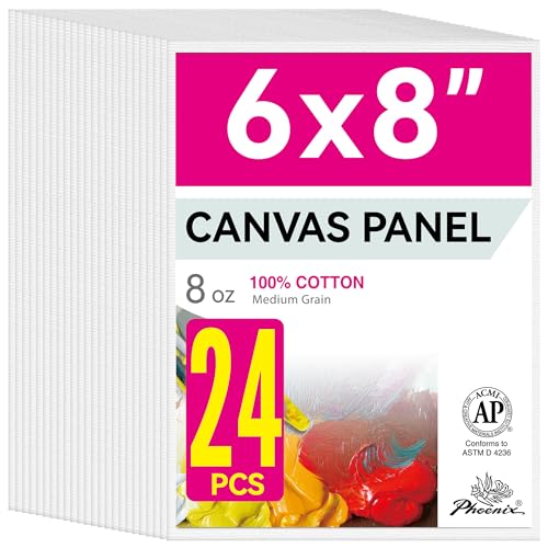 PHOENIX Small Painting Canvas Panels - 6x8 Inch, 24 Bulk Pack, 8 Oz Triple Primed 100% Cotton Acid Free Canvas Boards for Painting, White Blank Flat Canvas Boards for Acrylic, Oil Paints - color: White - Bulk Pack, size: 6" x 8"