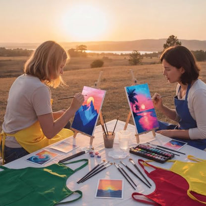 Cholemy 6 Set Paint and Sip Kit for Adults 8"x 10" Pre Drawn Canvas Painting with Wooden Easel Acrylic Paint Wash Cup Brushes Palette Apron for Painting DIY Adult's Date Party Supplies(Sunset Glow) - style: Sunset Glow