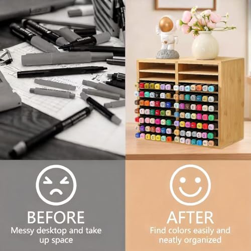 Bamboo Marker Holder Organizer, 126 Pens Capacity, 18 Compartments, Art Supply Storage for Alcohol Markers, Pens, Pencils