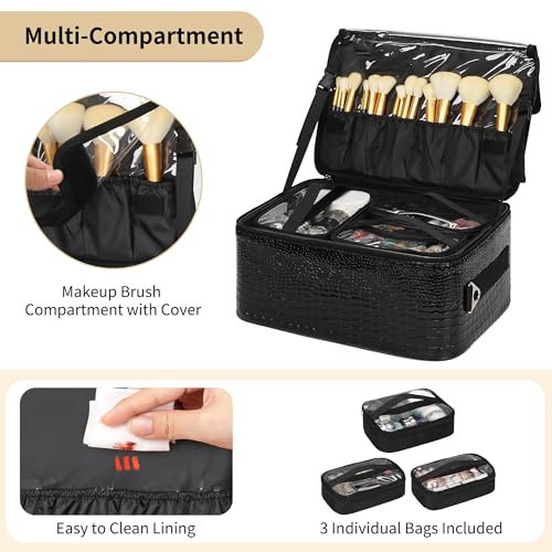OCHEAL 18" Rolling Makeup Train Case Professional 2-in-1 Trolley Case | | Large Makeup Case, 6 Travel Cosmetic Bags, Pro Artists & Makeup Artists, Beauty Trolley Train Case - color: Black-2 in 1
