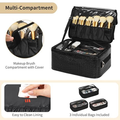 OCHEAL 18" Rolling Makeup Case, Professional 4-in-1 Trolley Case | 3-Layer, Large Cosmetic Organizer with Wheels,Large Makeup Case & Double Brush Organizer, 6 Travel Bags - color: Black-4 in 1
