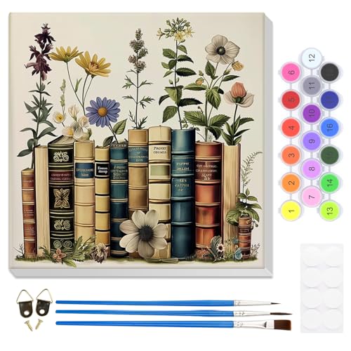 HEIBAGO Framed Paint by Numbers Kit Book for Adults, Paint by Numbers for Adults Beginner, Adult Paint by Number Kits Flowers on Canvas, DIY Painting by Numbers for Gift Home Wall Decor 12x12 Inch - color: Book&Flowers