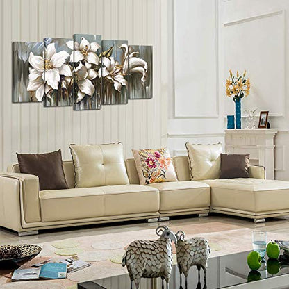 KREATIVE ARTS 5 Panel Flowers Canvas Wall Art Modern Wrapped Floral Artwork Giclee Canvas Prints White and Grey Tulip Paintings on Canvas Ready to Hang for Living Room (Large Size 60x32inch)