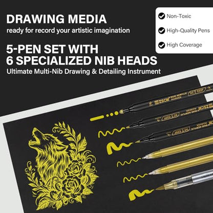 ZSCM 5 Pack Gold Acrylic Ink Pens for Drawing, Fine Point Gold Gel Pens, Brush Tip Markers，Dual-Tip Opaque Acrylic Markers for Black Paper Highlighting Drawing, Sketching, Illustration, Card Making